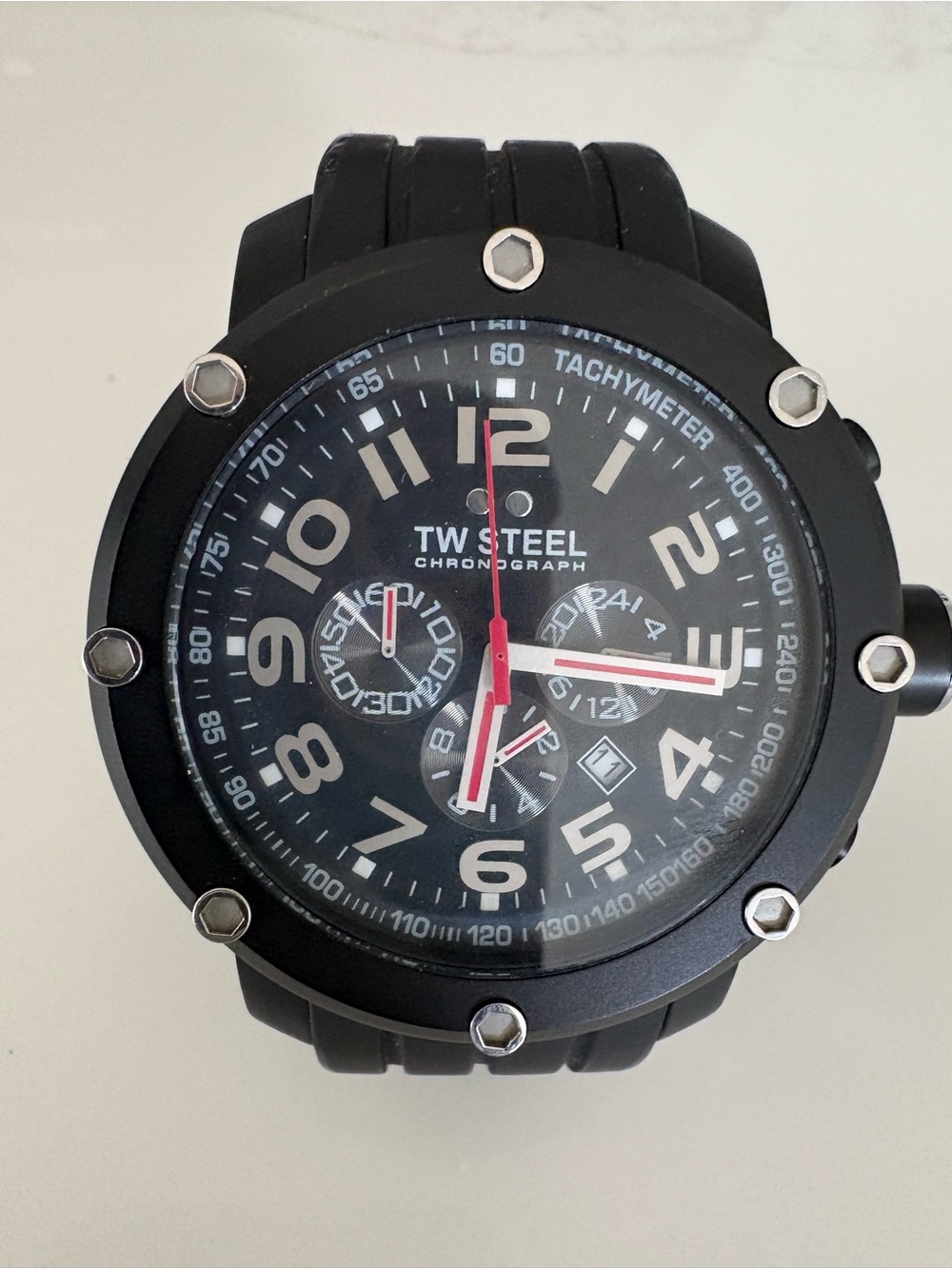 TW Steel Black Chronograph Watch with Red Accents